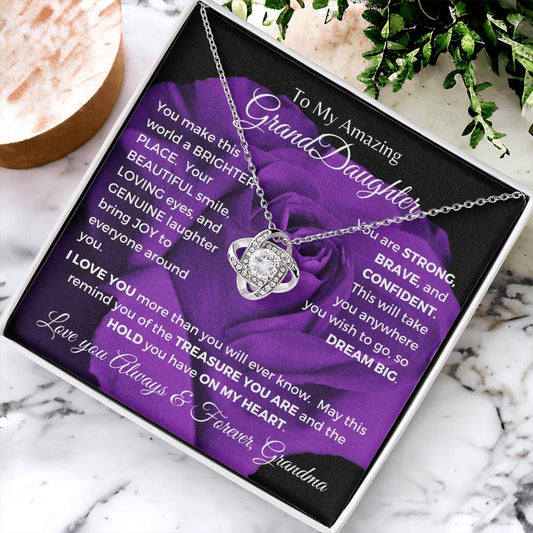 Elegant love knot necklace for granddaughter from grandma with optional luxury gift box with purple rose