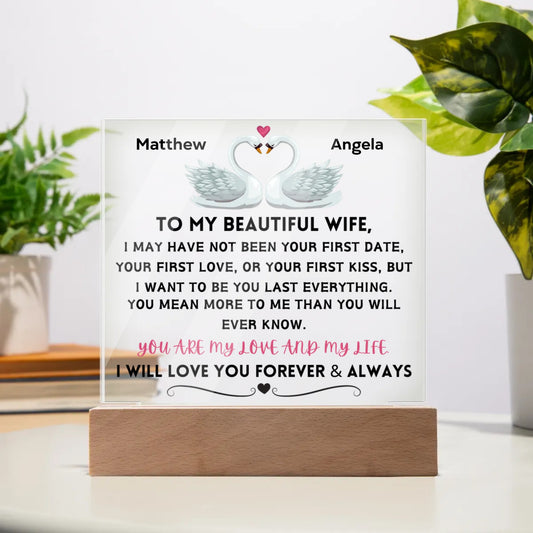 To My Beautiful Wife Square Acrylic Plaque customizable with names with wood base